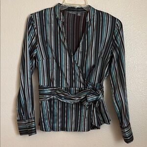 Apt. 9 Black and Teal Striped Wrap Blouse
